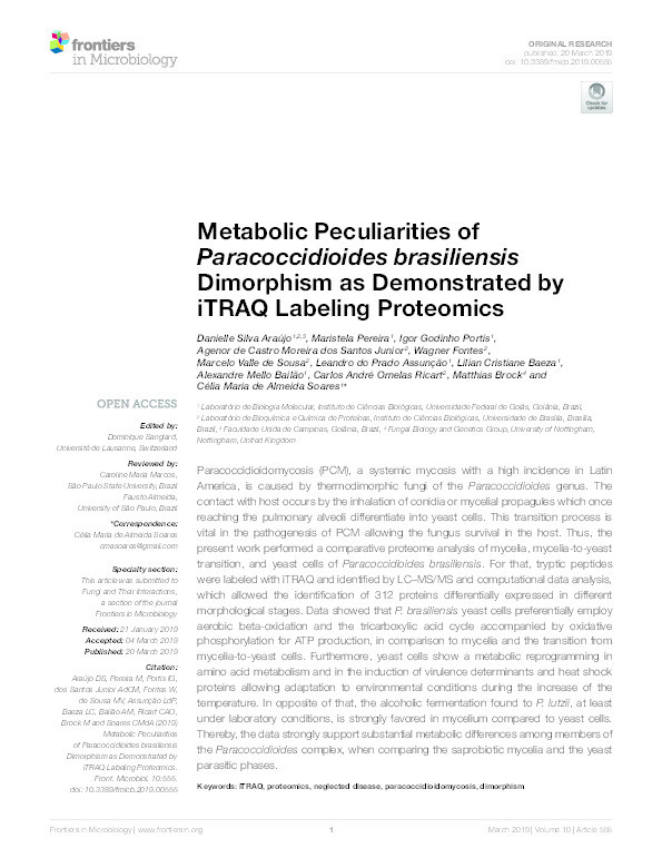 Metabolic Peculiarities of Paracoccidioides brasiliensis Dimorphism as Demonstrated by iTRAQ Labeling Proteomics Thumbnail