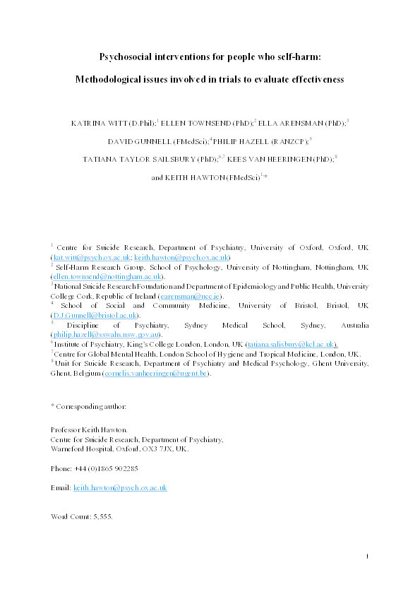 Psychosocial interventions for people who self-harm: Methodological issues involved in trials to evaluate effectiveness Thumbnail