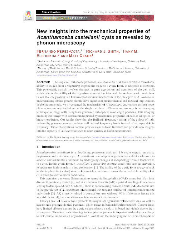 New insights into the mechanical properties of Acanthamoeba castellanii cysts as revealed by phonon microscopy Thumbnail