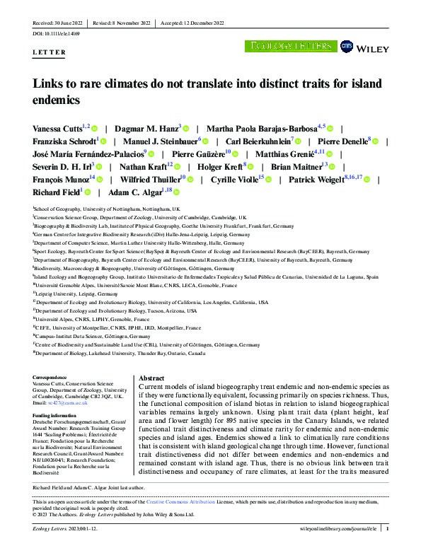 Links to rare climates do not translate into distinct traits for island endemics Thumbnail