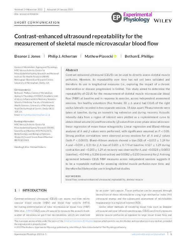 Contrast‐enhanced ultrasound repeatability for the measurement of skeletal muscle microvascular blood flow Thumbnail