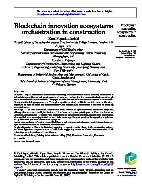Blockchain innovation ecosystems orchestration in construction Thumbnail
