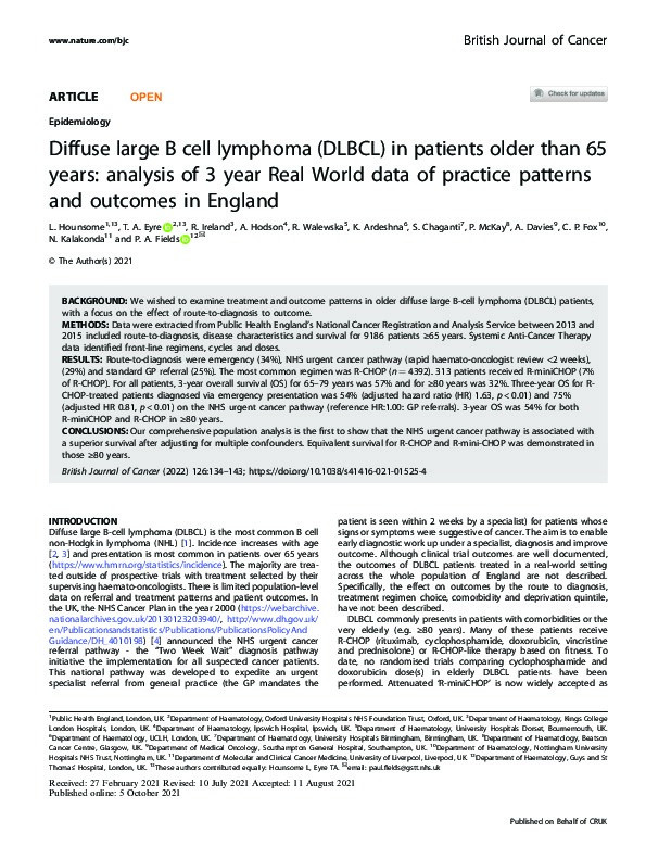 Diffuse large B cell lymphoma (DLBCL) in patients older than 65 years: analysis of 3 year Real World data of practice patterns and outcomes in England Thumbnail