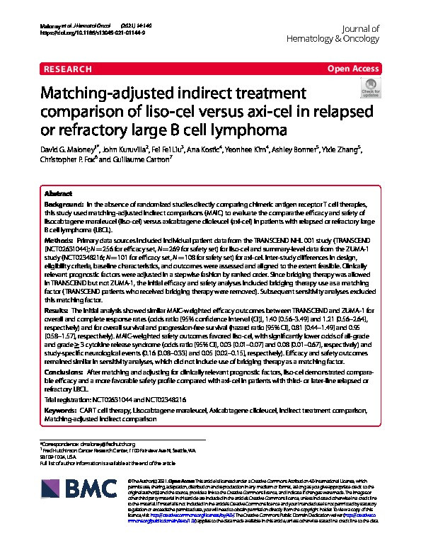 Matching-adjusted indirect treatment comparison of liso-cel versus axi-cel in relapsed or refractory large B cell lymphoma Thumbnail