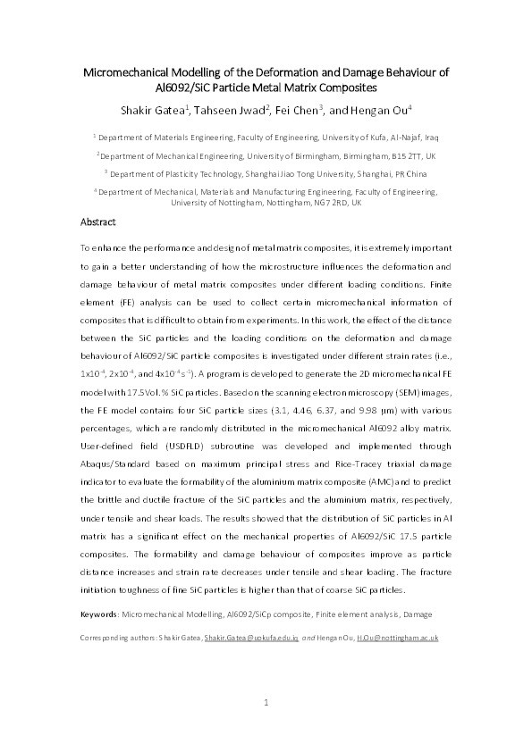 Micromechanical Modelling of the Deformation and Damage Behaviour of Al6092/SiC Particle Metal Matrix Composites Thumbnail