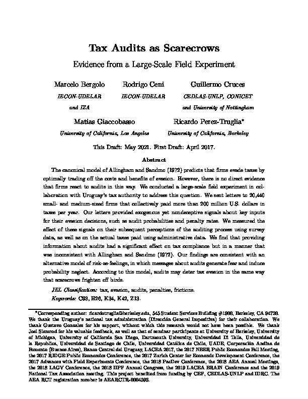 Tax Audits as Scarecrows: Evidence from a Large-Scale Field Experiment Thumbnail