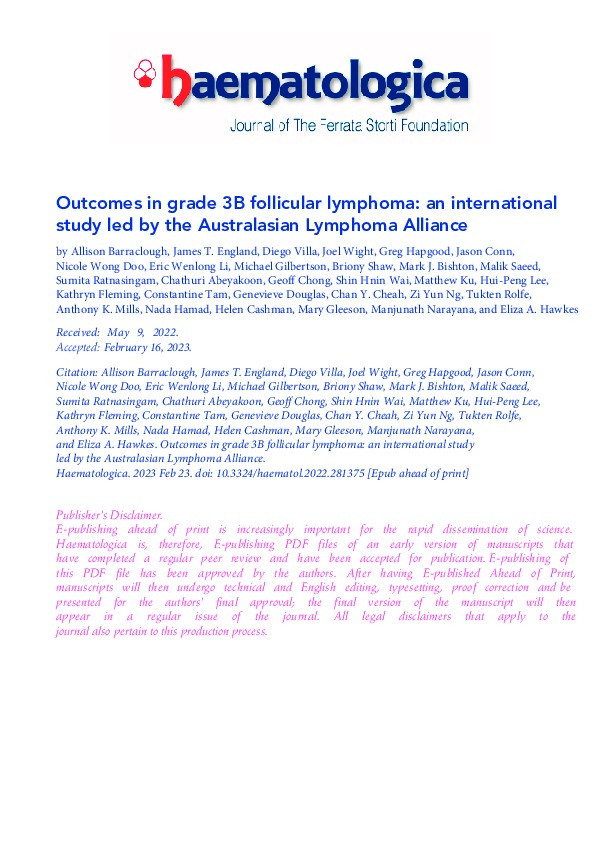 Outcomes in grade 3B follicular lymphoma: an international study led by the Australasian Lymphoma Alliance Thumbnail