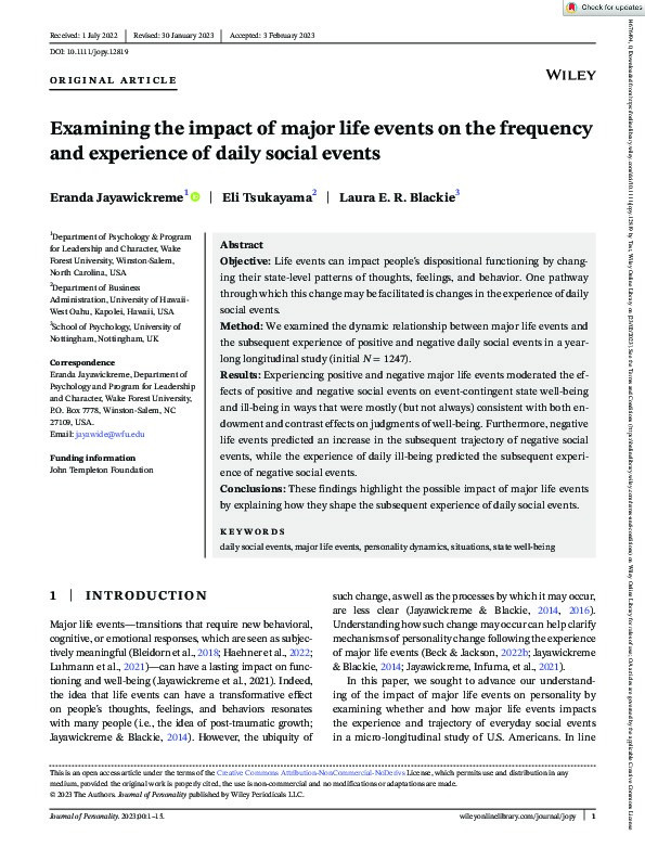 Examining the impact of major life events on the frequency and experience of daily social events Thumbnail