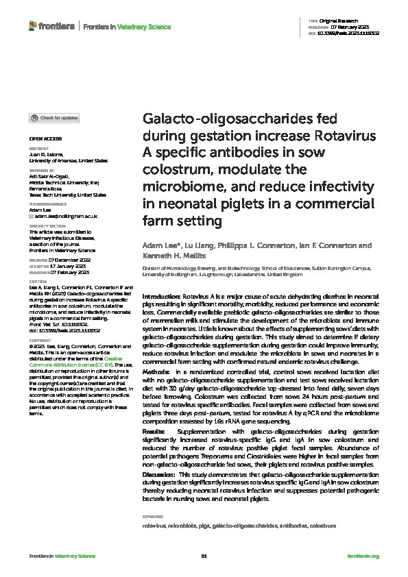 Galacto-oligosaccharides fed during gestation increase Rotavirus A specific antibodies in sow colostrum, modulate the microbiome, and reduce infectivity in neonatal piglets in a commercial farm setting Thumbnail