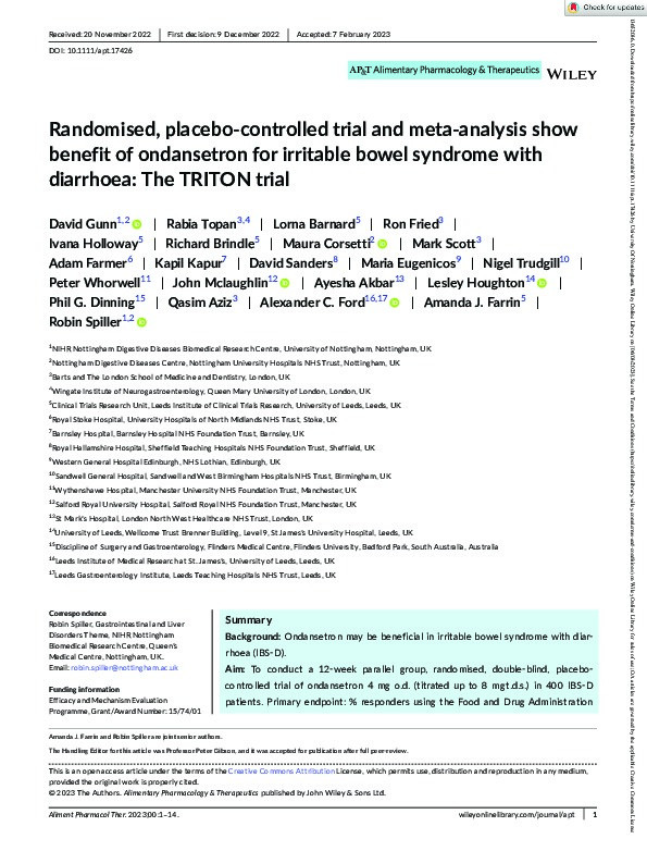 Randomised, placebo-controlled trial and meta-analysis show benefit of ondansetron for irritable bowel syndrome with diarrhoea: The TRITON trial Thumbnail