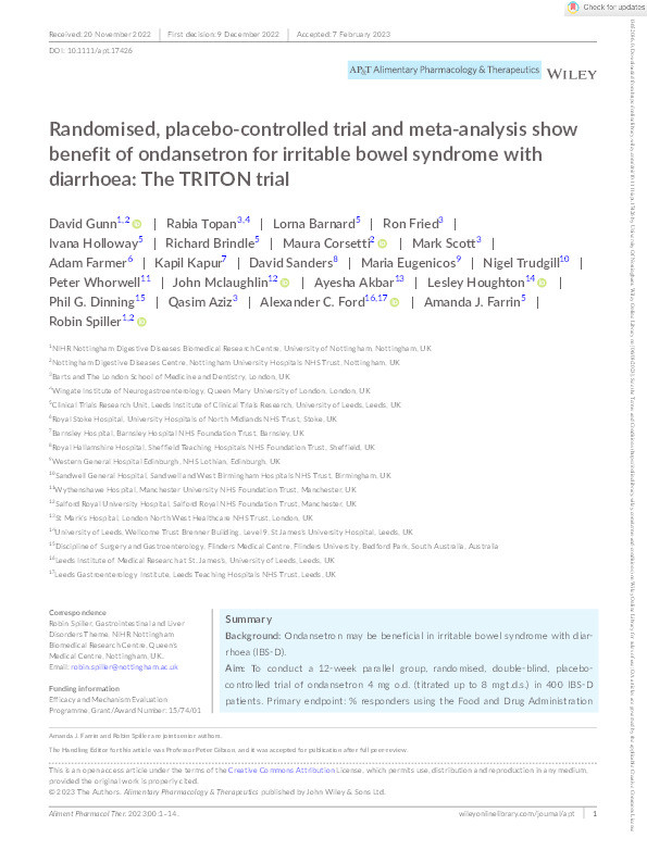 Randomised, placebo-controlled trial and meta-analysis show benefit of ondansetron for irritable bowel syndrome with diarrhoea: The TRITON trial Thumbnail