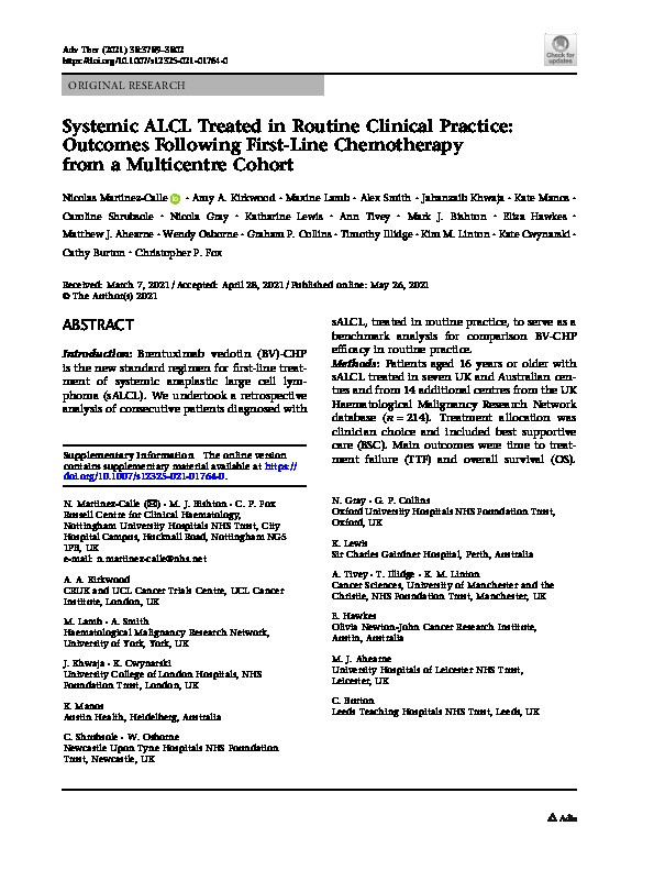 Systemic ALCL Treated in Routine Clinical Practice: Outcomes Following First-Line Chemotherapy from a Multicentre Cohort Thumbnail