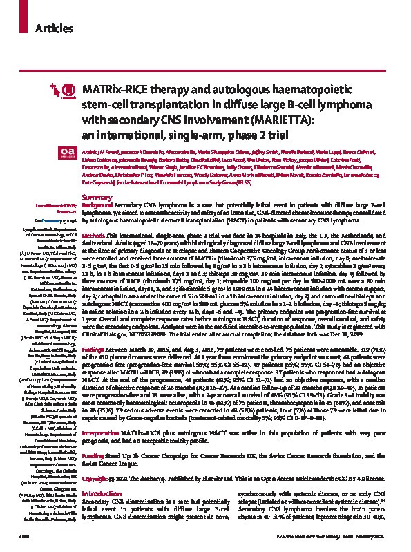 MATRix–RICE therapy and autologous haematopoietic stem-cell transplantation in diffuse large B-cell lymphoma with secondary CNS involvement (MARIETTA): an international, single-arm, phase 2 trial Thumbnail