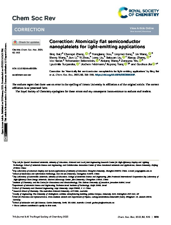 Correction: Atomically flat semiconductor nanoplatelets for light-emitting applications Thumbnail
