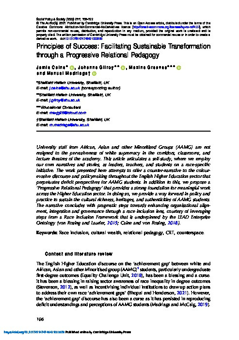 Principles of Success: Facilitating Sustainable Transformation through a Progressive Relational Pedagogy Thumbnail