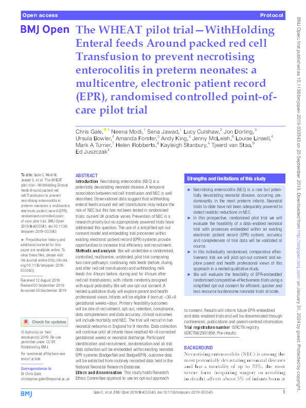 The WHEAT pilot trial - WithHolding Enteral feeds around packed red cell Transfusion to prevent necrotising enterocolitis in preterm neonates: A multicentre, electronic patient record (EPR), randomised controlled point-of-care pilot trial Thumbnail