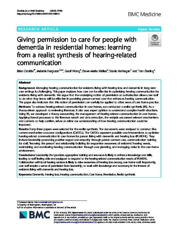 Giving permission to care for people with dementia in residential homes: Learning from a realist synthesis of hearing-related communication Thumbnail