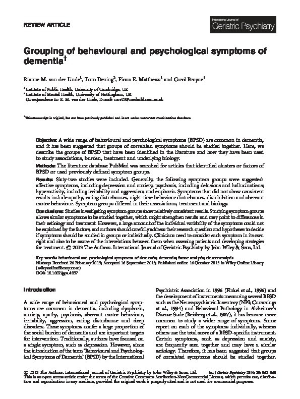 Grouping of behavioural and psychological symptoms of dementia Thumbnail