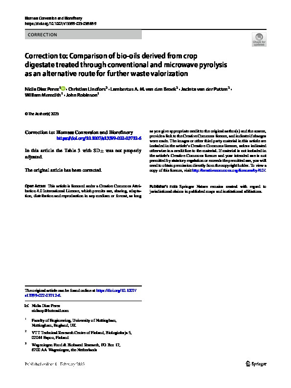 Correction to: Comparison of bio-oils derived from crop digestate treated through conventional and microwave pyrolysis as an alternative route for further waste valorization Thumbnail