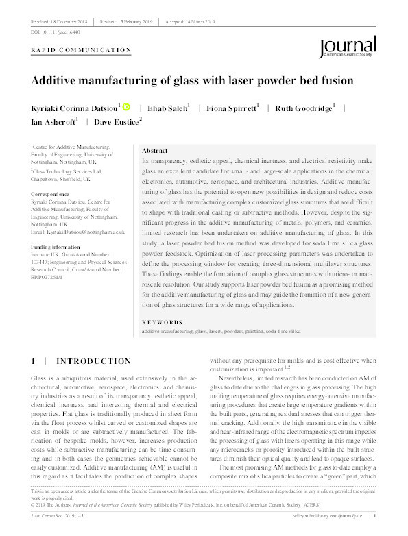 Additive manufacturing of glass with laser powder bed fusion Thumbnail