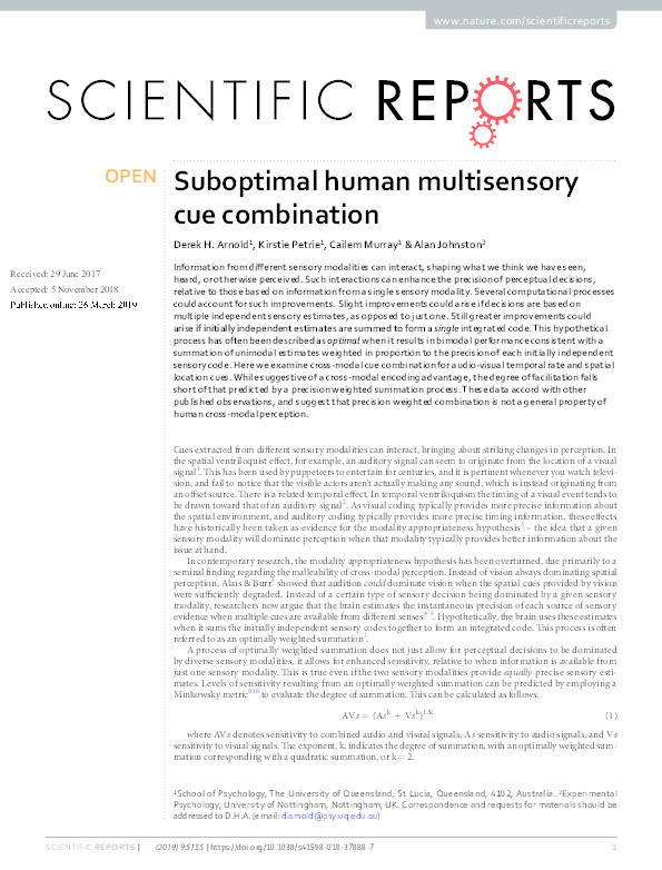 Suboptimal human multisensory cue combination Thumbnail