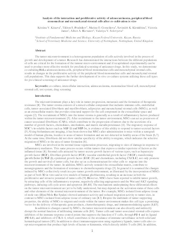 Analysis of the interaction and proliferative activity of adenocarcinoma, peripheral blood mononuclear and mesenchymal stromal cells after co-cultivation in vitro Thumbnail