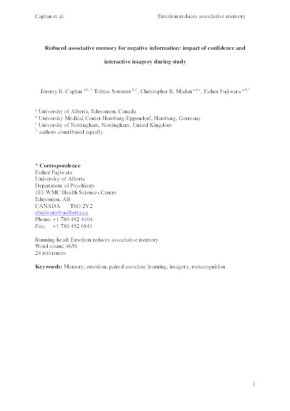 Reduced associative memory for negative information: impact of confidence and interactive imagery during study Thumbnail