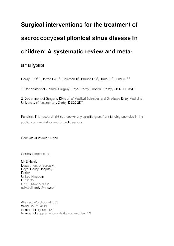 Surgical interventions for the treatment of sacrococcygeal pilonidal sinus disease in children: a systematic review and meta-analysis Thumbnail