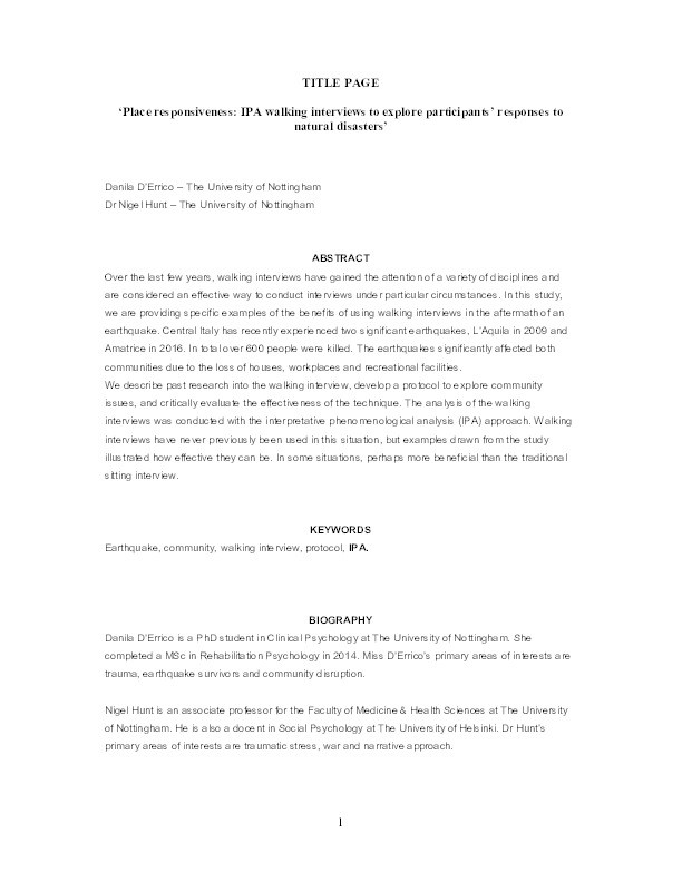 Place responsiveness: IPA walking interviews to explore participants’ responses to natural disasters Thumbnail