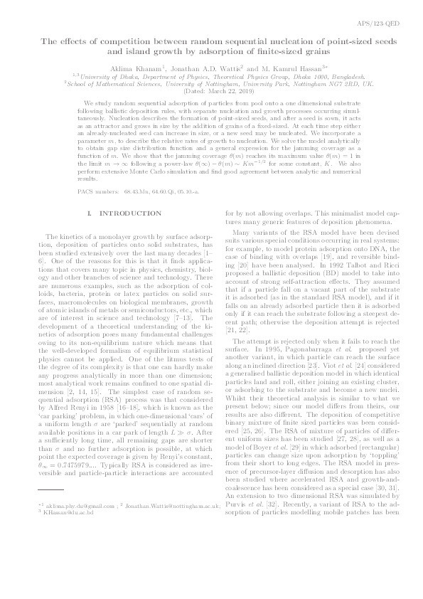 Effects of competition between random sequential nucleation of point-sized seeds and island growth by adsorption of finite-sized grains Thumbnail