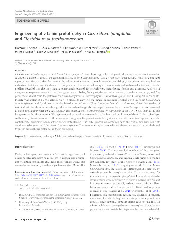 Engineering of vitamin prototrophy in Clostridium ljungdahlii and Clostridium autoethanogenum Thumbnail