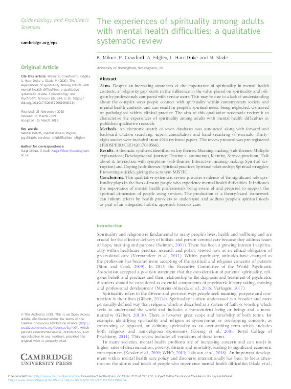 The experiences of spirituality among adults with mental health difficulties: a qualitative systematic review Thumbnail