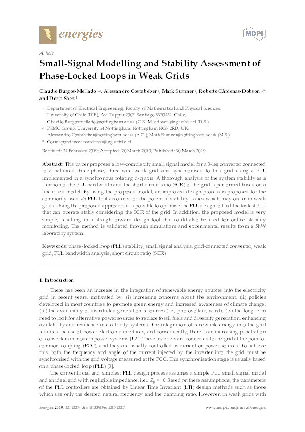 Small-Signal Modelling and Stability Assessment of Phase-Locked Loops in Weak Grids Thumbnail