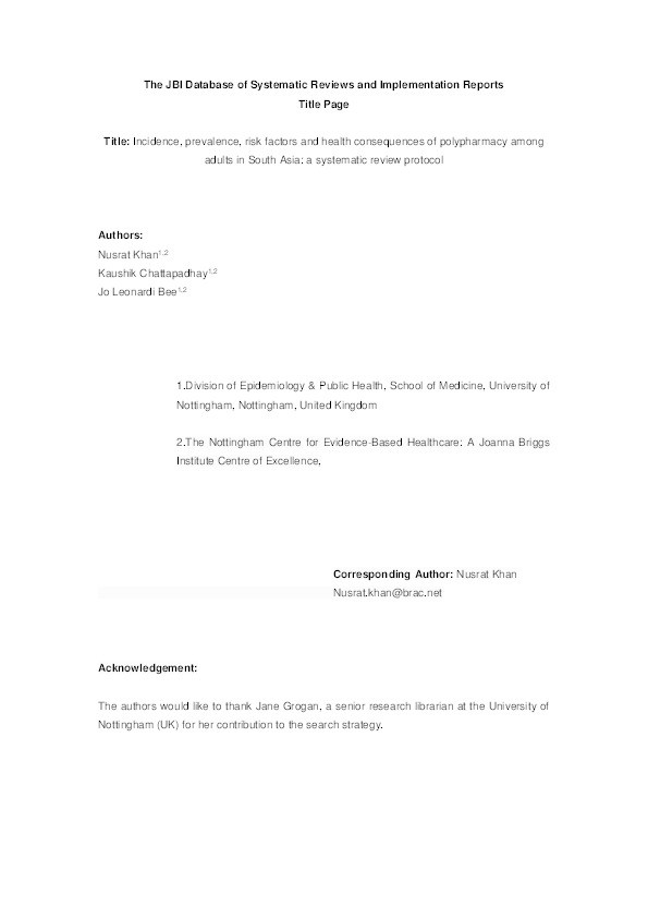 Incidence, prevalence, risk factors and health consequences of polypharmacy in adults in South Asia: a systematic review protocol Thumbnail