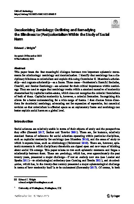 Decolonizing zemiology: outlining and remedying the blindness to (post)colonialism within the study of social harm Thumbnail