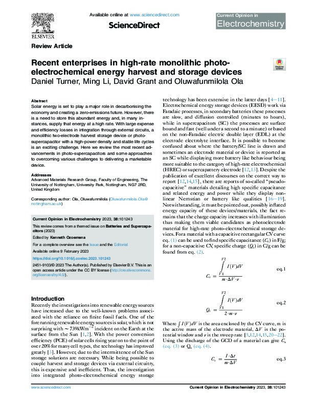 Recent enterprises in high-rate monolithic photo-electrochemical energy harvest and storage devices Thumbnail