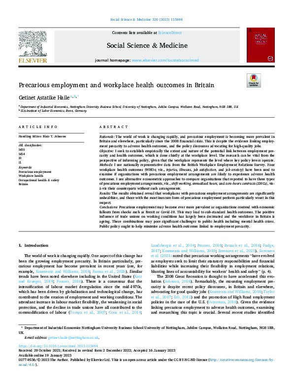 Precarious employment and workplace health outcomes in Britain Thumbnail