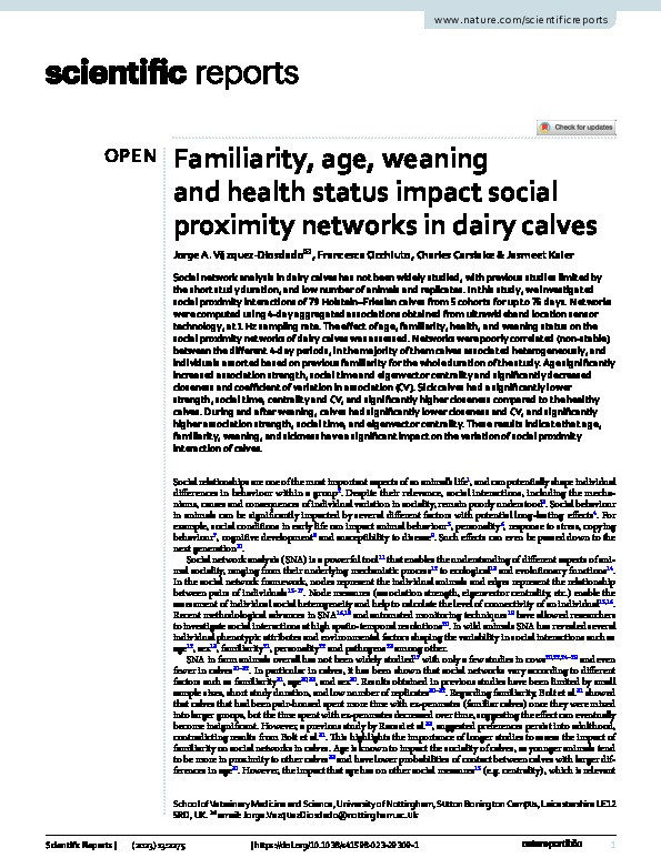 Familiarity, age, weaning and health status impact social proximity networks in dairy calves Thumbnail