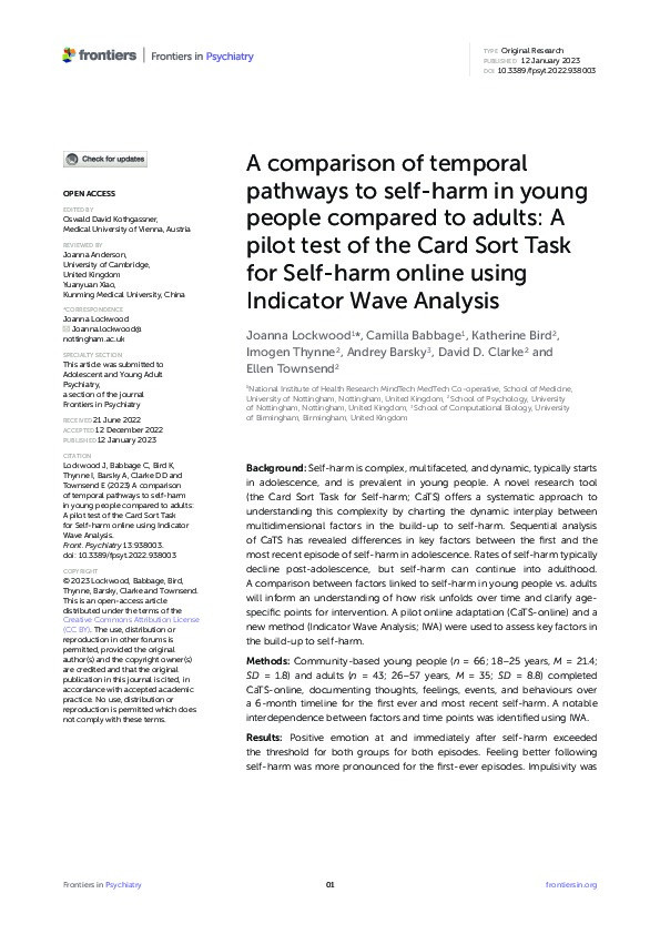 A comparison of temporal pathways to self-harm in young people compared to adults: A pilot test of the Card Sort Task for Self-harm online using Indicator Wave Analysis Thumbnail