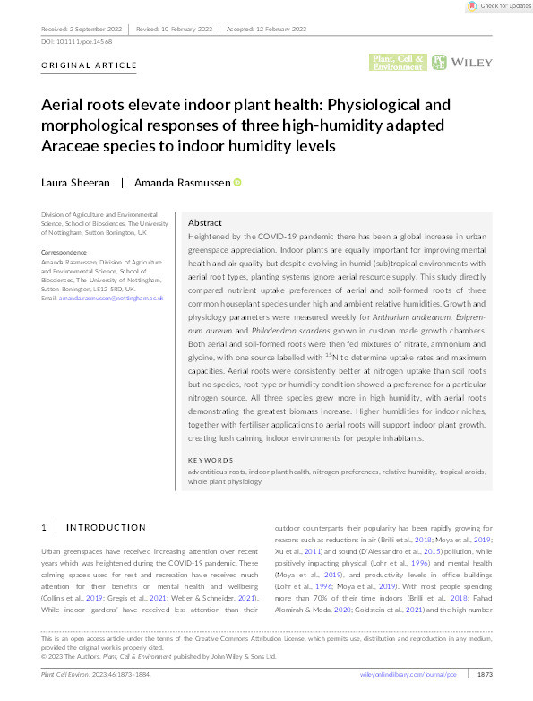 Aerial roots elevate indoor plant health: physiological and morphological responses of three high-humidity adapted Araceae species to indoor humidity levels Thumbnail