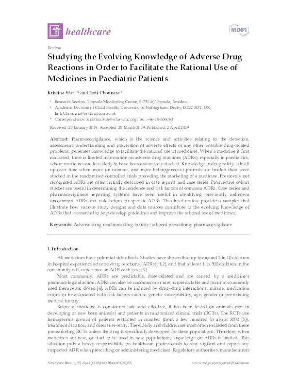 Studying the Evolving Knowledge of Adverse Drug Reactions in Order to Facilitate the Rational Use of Medicines in Paediatric Patients Thumbnail