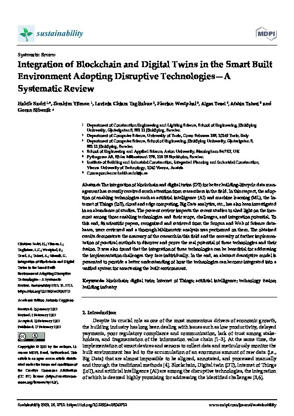 Integration of Blockchain and Digital Twins in the Smart Built Environment Adopting Disruptive Technologies—A Systematic Review Thumbnail