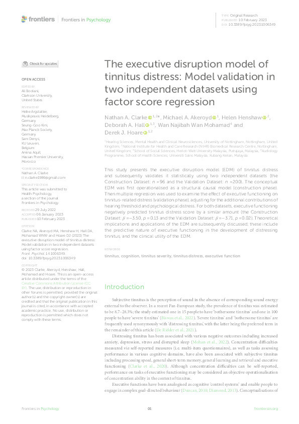 The executive disruption model of tinnitus distress: Model validation in two independent datasets using factor score regression Thumbnail