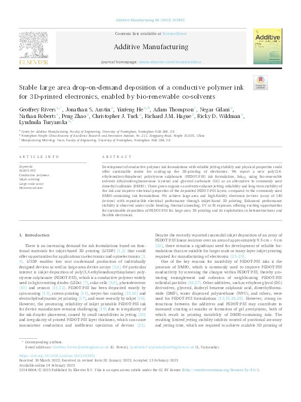 Stable large area drop-on-demand deposition of a conductive polymer ink for 3D-printed electronics, enabled by bio-renewable co-solvents Thumbnail