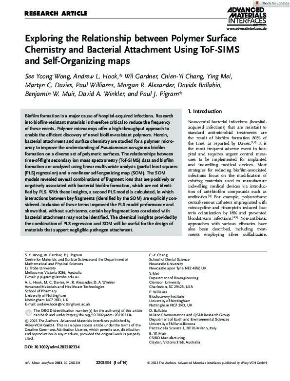 Exploring the Relationship between Polymer Surface Chemistry and Bacterial Attachment Using ToF-SIMS and Self-Organizing maps Thumbnail