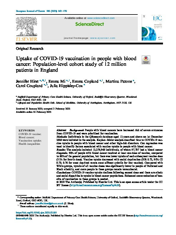 Uptake of COVID-19 vaccination in people with blood cancer: Population-level cohort study of 12 million patients in England Thumbnail