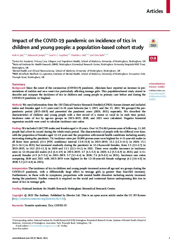 Impact of the COVID-19 pandemic on incidence of tics in children and young people: a population-based cohort study Thumbnail