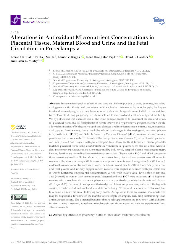 Alterations in Antioxidant Micronutrient Concentrations in Placental Tissue, Maternal Blood and Urine and the Fetal Circulation in Pre-Eclampsia Thumbnail