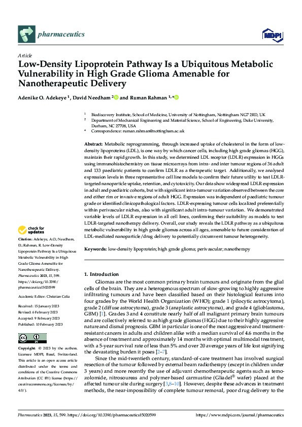 Low-Density Lipoprotein Pathway Is a Ubiquitous Metabolic Vulnerability in High Grade Glioma Amenable for Nanotherapeutic Delivery Thumbnail