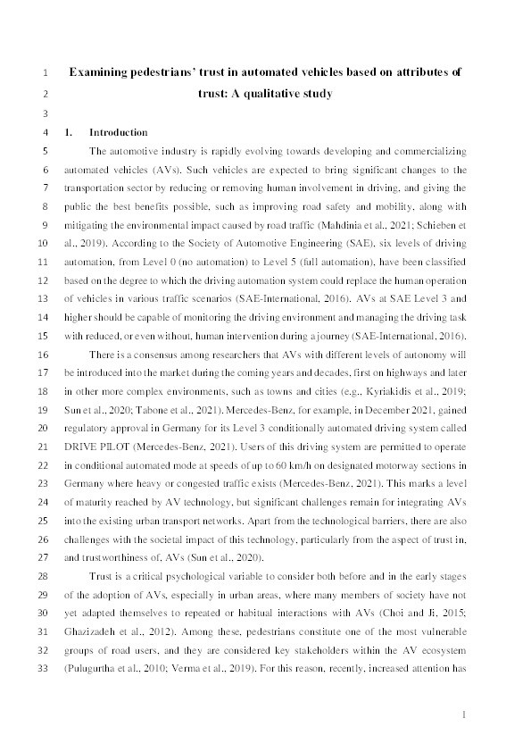 Examining pedestrians’ trust in automated vehicles based on attributes of trust: A qualitative study Thumbnail